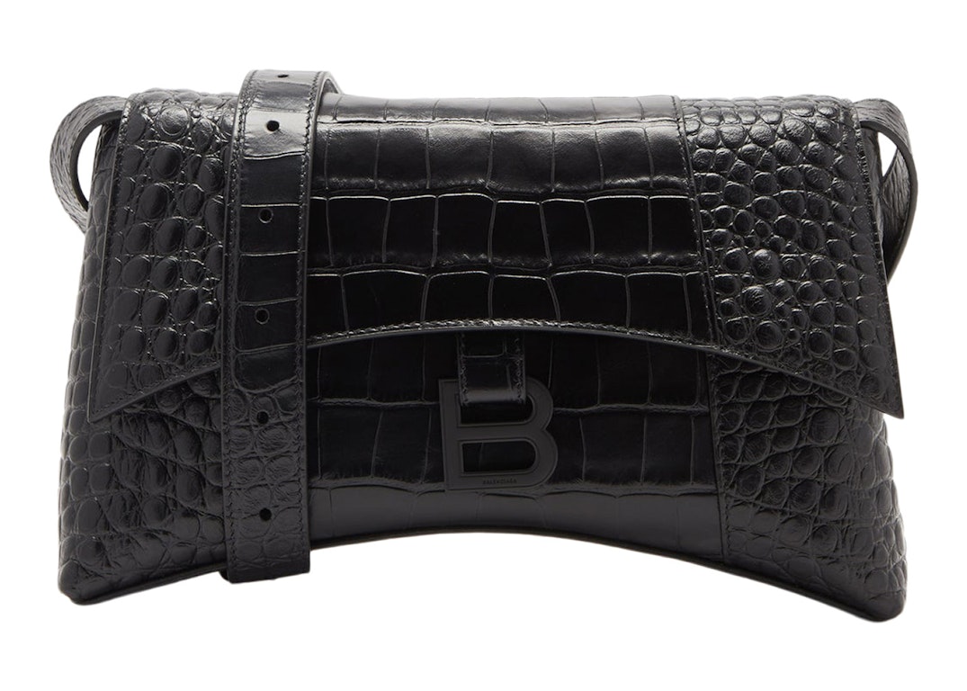 Pre-owned Balenciaga Downtown Shoulder Bag Xs Crocodile Embossed Black/black