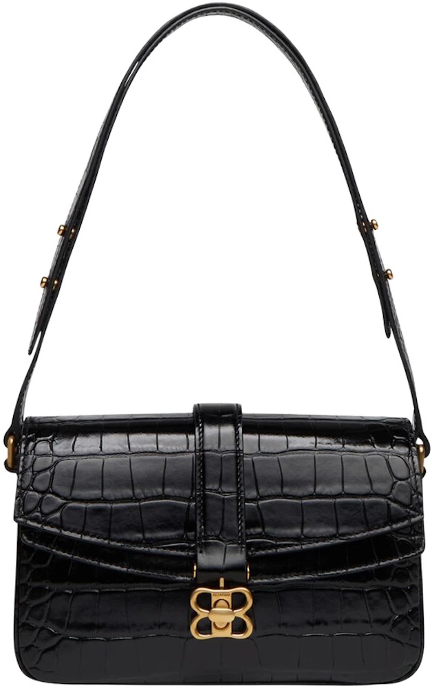 Balenciaga Flap Shoulder Bag Small Crocodile Embossed Black in Calfskin ...