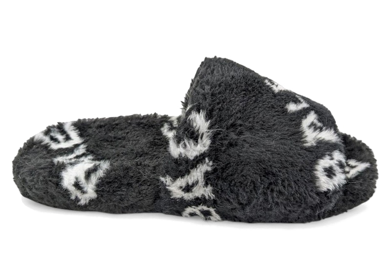 Balenciaga Furry Slide Fake Fur Logo Allover Black White
