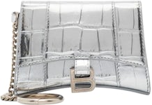 Balenciaga Hourglass Croc Embossed Leather Keyring Wallet Silver