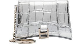 Balenciaga Hourglass Croc Embossed Leather Keyring Wallet Silver
