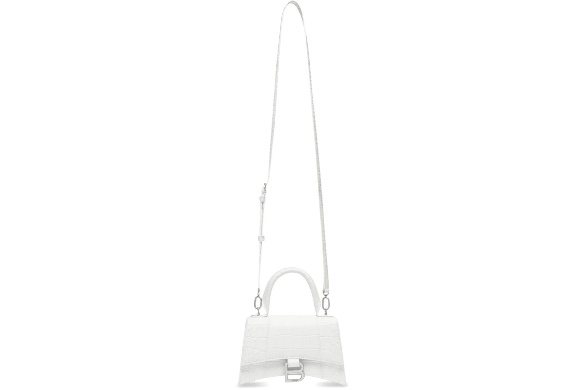 Balenciaga Hourglass Crocodile Embossed Top Handle Bag XS White