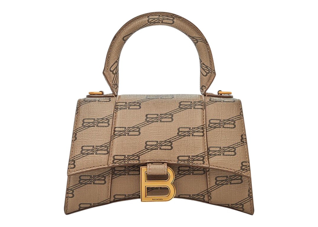 Pre-owned Balenciaga Hourglass Handbag Xs Bb Monogram Beige/brown