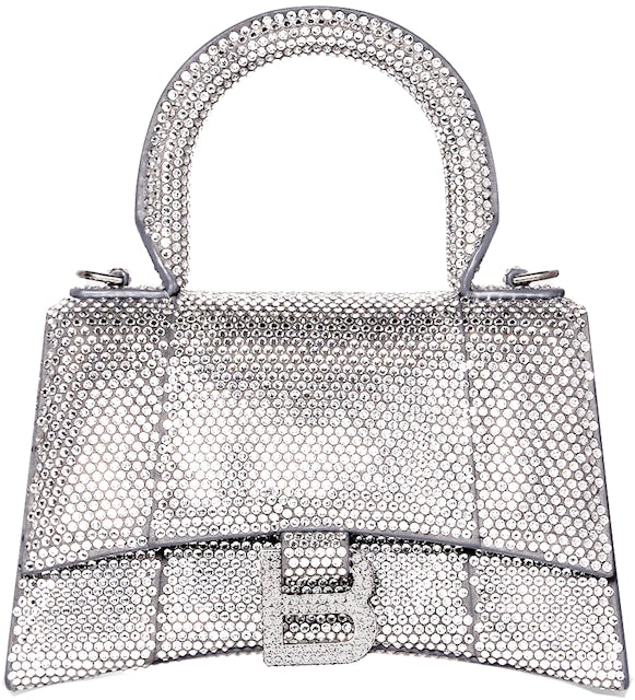 Hourglass Handbag XS Grey in Calfskin/Rhinestone with Silver-tone -