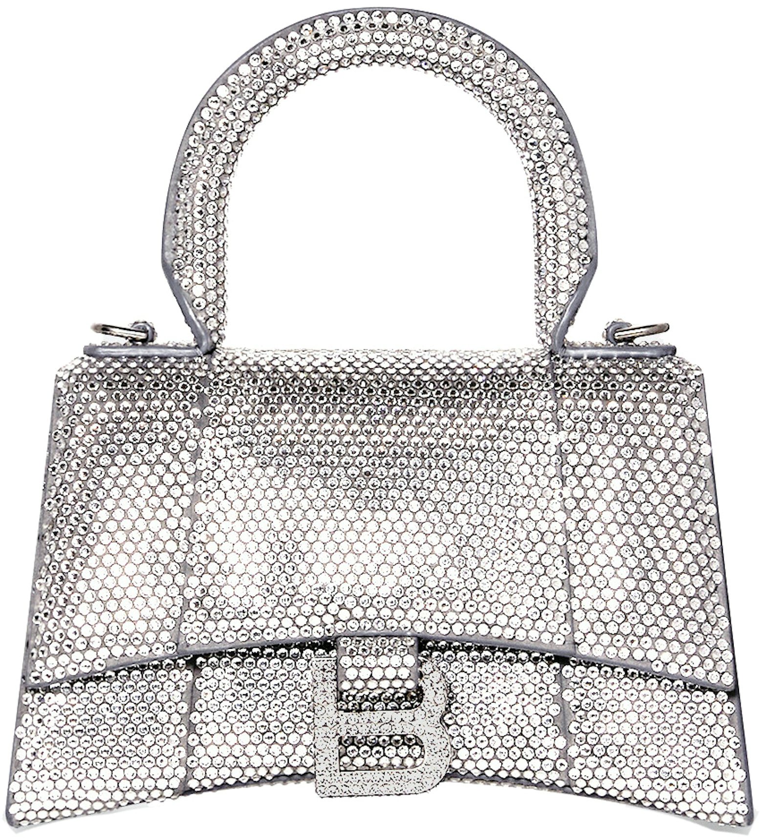 Balenciaga Silver Glitter Hourglass XS Top Handle Crossbody Bag at