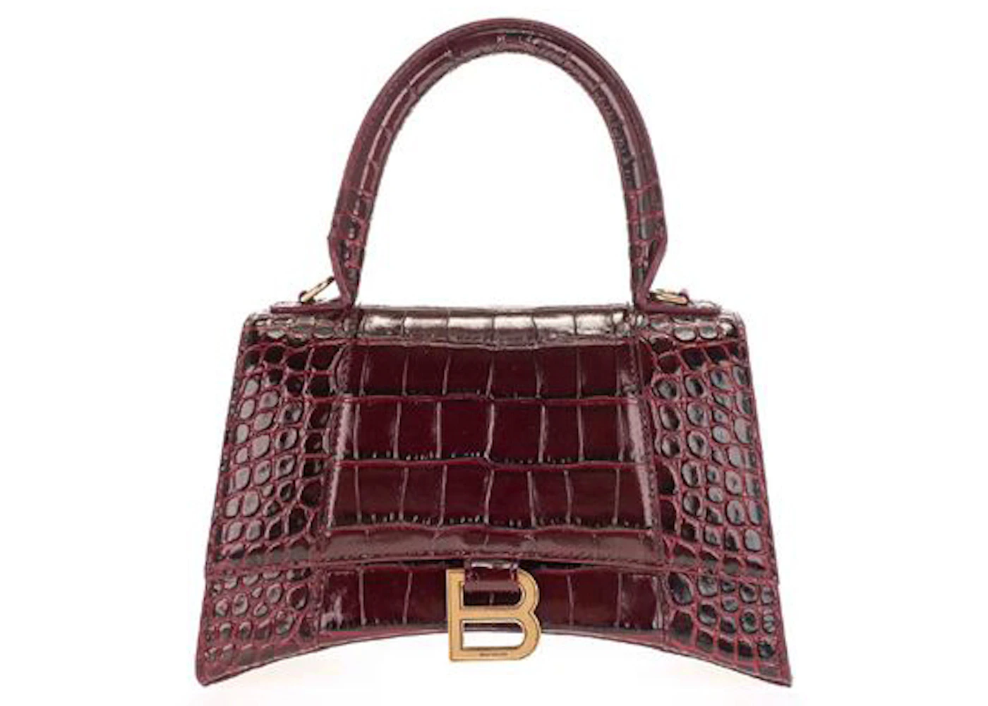 Balenciaga Hourglass Hourglass S Top Handle Bag Crocodile Embossed Burgundy  in Calfskin Leather with Gold-tone - US