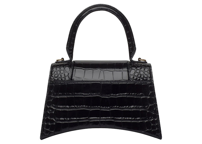 Balenciaga Hourglass Small Top Handle Bag Crocodile Embossed Black