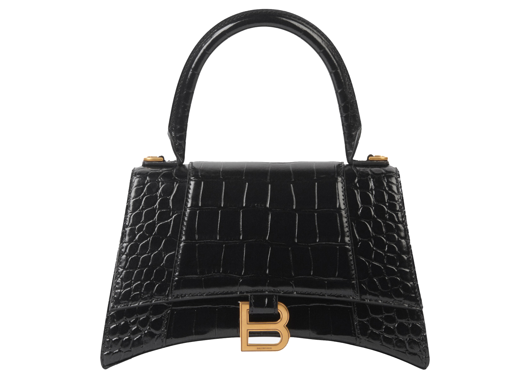 Balenciaga Hourglass Small Top Handle Bag Crocodile Embossed Black