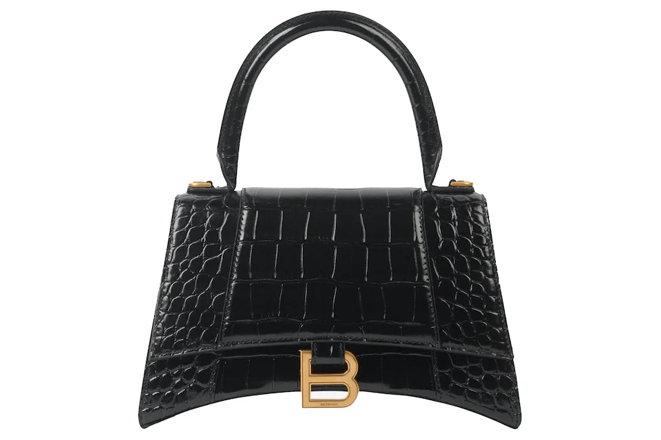 Balenciaga Hourglass Small Top Handle Bag Crocodile Embossed Black in ...
