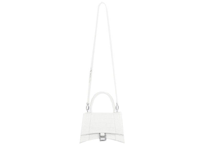 Balenciaga Hourglass Small Top Handle Bag Crocodile Embossed White