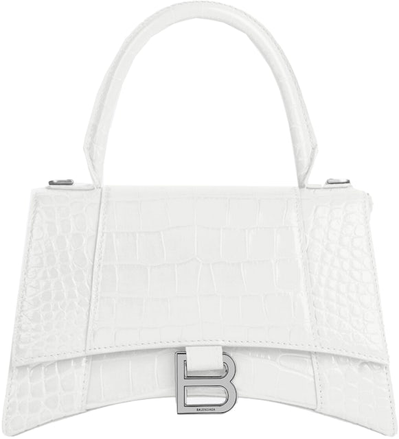 Balenciaga Women's Hourglass Small Handbag Crocodile Embossed - White
