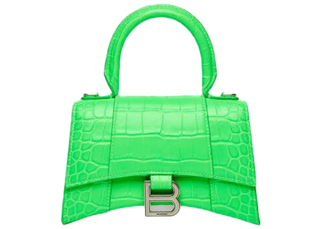 Pre-owned Balenciaga Hourglass Top Handle Bag Extra Small Crocodile Embossed Fluo Green