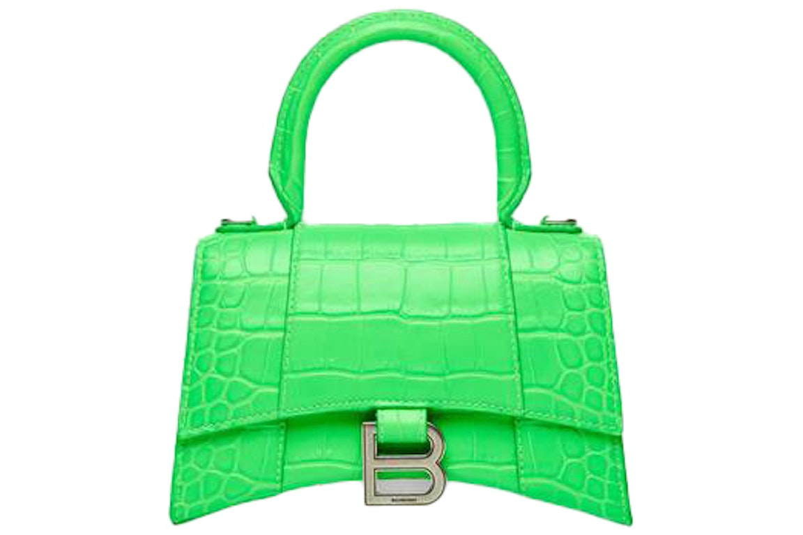 Pre-owned Balenciaga Hourglass Top Handle Bag Extra Small Crocodile Embossed Fluo Green