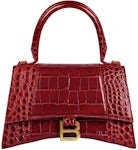 Balenciaga Hourglass Top Handle Bag Small Crocodile Embossed Dark Red
