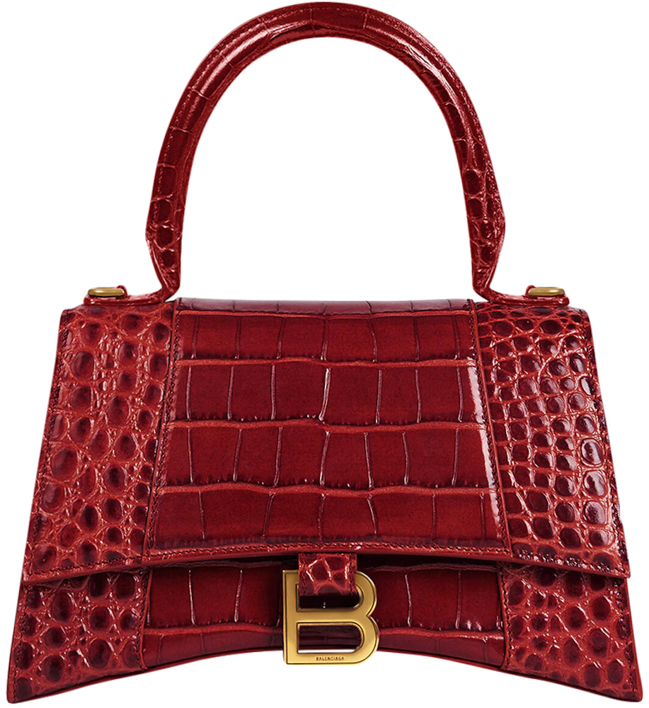 Balenciaga Hourglass Top Handle Bag Small Crocodile Embossed Dark Red ...