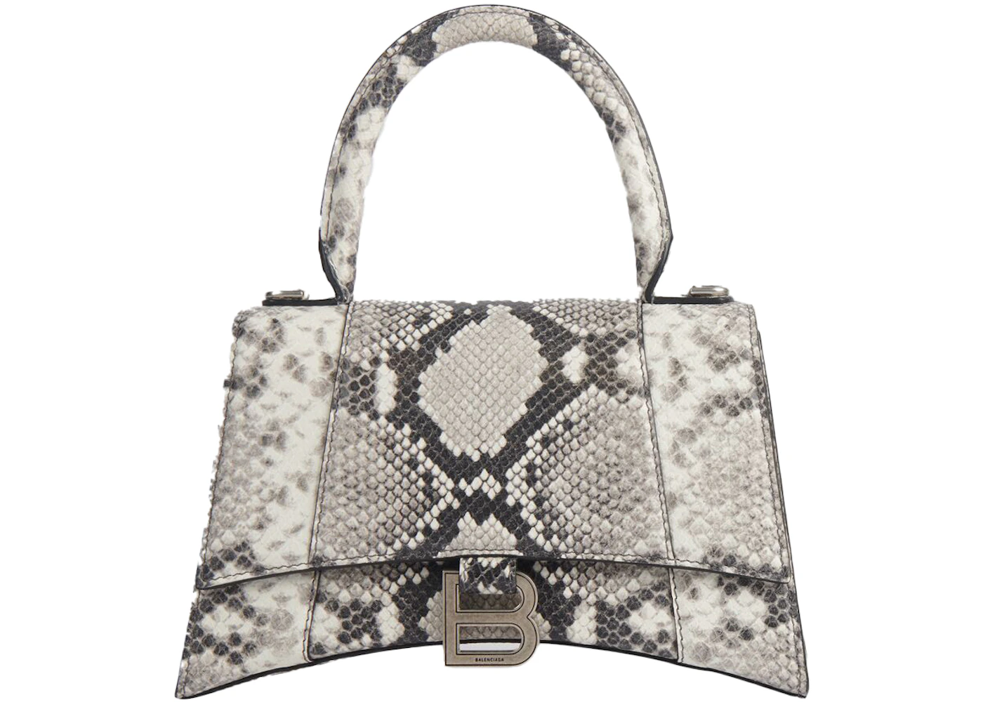 Balenciaga Hourglass Top Handle Bag Small Snakeskin Embossed Black White In Calfskin With Silver Tone Balenciaga Hourglass Top Handle Bag Small Snakeskin Embossed Black White In Calfskin With Silver Tone