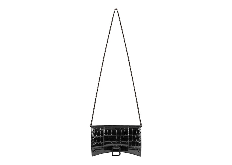 Pre-owned Balenciaga Women's Hourglass Wallet On Chain Crocodile Embossed In Black