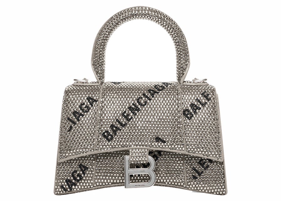 Balenciaga Hourglass XS Handbag With Chain and Allover Logo Rhinestones  Black in Calfskin Leather/Crystals with Aged-Silver Hardware - US