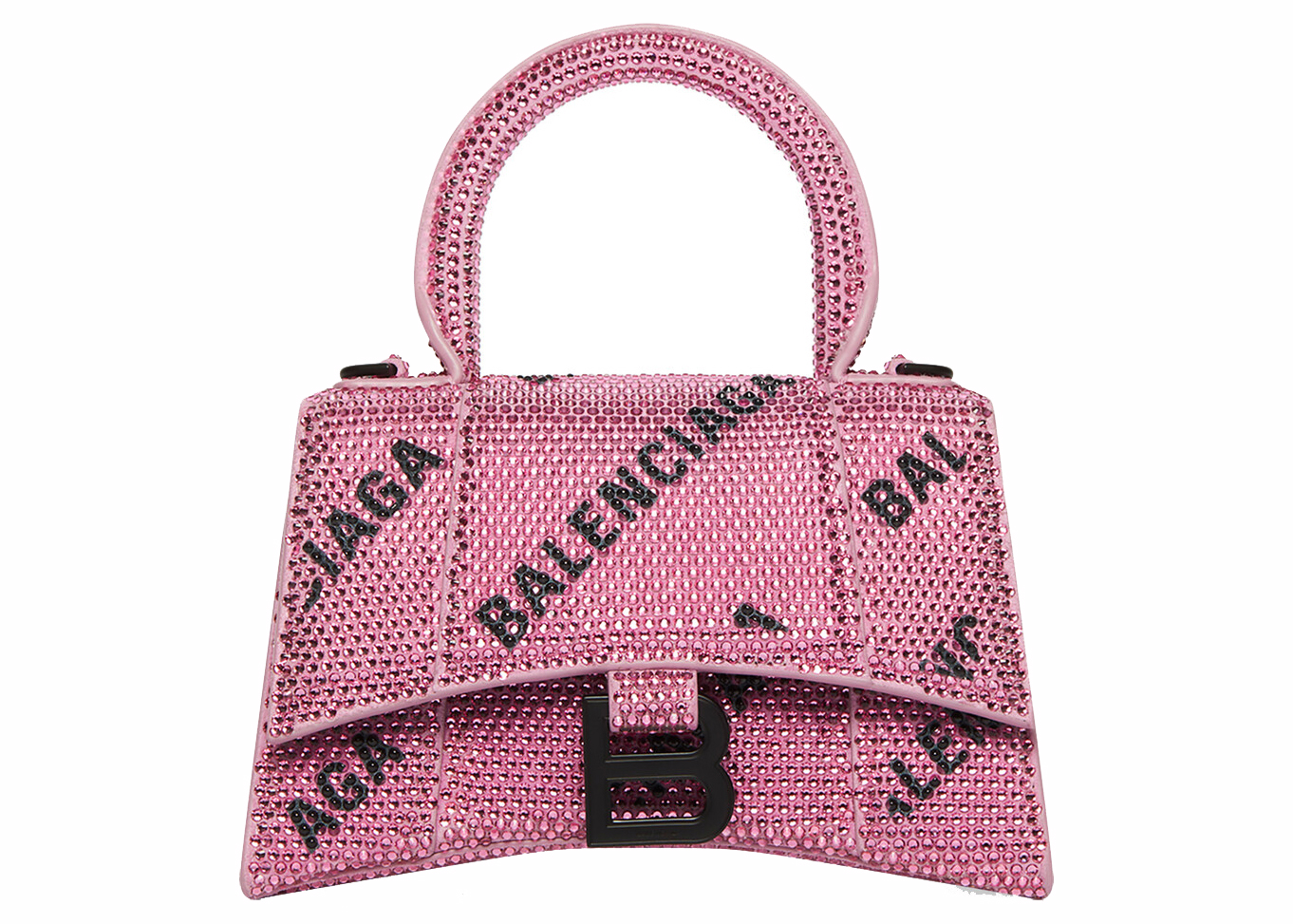 Balenciaga Hourglass XS Handbag With Chain and Allover Logo Rhinestones Pink/Black  in Suede Calfskin/Crystals with Matte Black Hardware - US