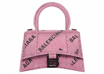 Balenciaga Hourglass XS Handbag With Chain and Allover Logo Rhinestones Pink/Black