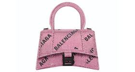 Balenciaga Hourglass XS Handbag With Chain and Allover Logo Rhinestones Pink/Black