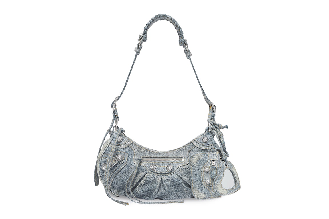 Pre-owned Balenciaga Le Cagole Shoulder Bag Small Blue Denim Wash With Rhinestones