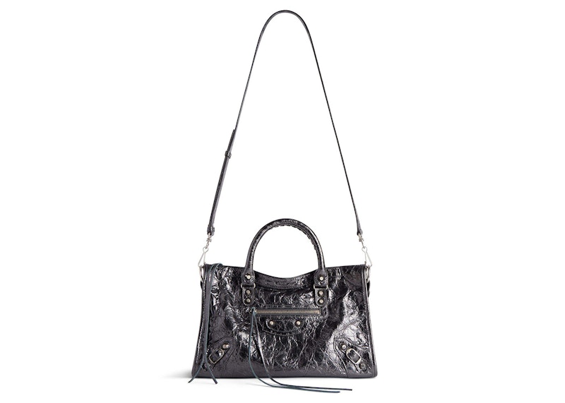 Pre-owned Balenciaga Women's Le City Small Bag In Stee Shirtl Grey Metallized Arena Lambskin Shiny Silver Hard