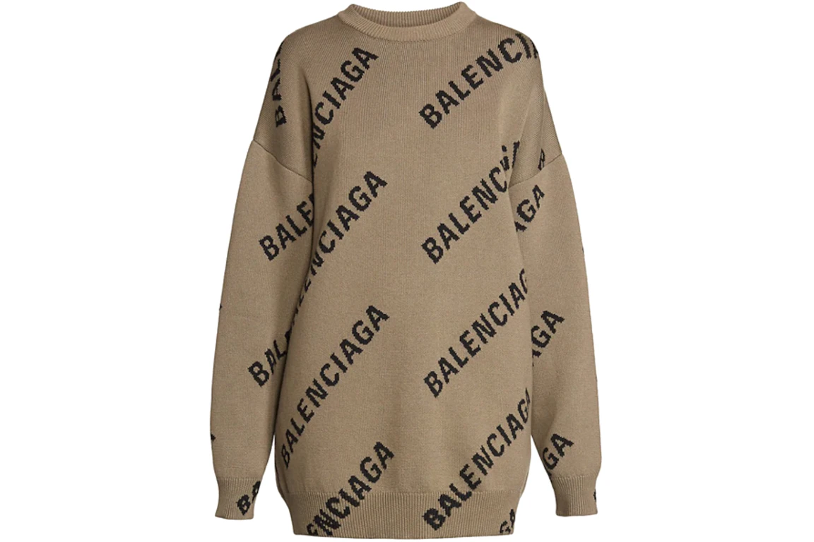 Balenciaga Logo Intarsia Oversize Crewneck Womens Sweater Light Brown