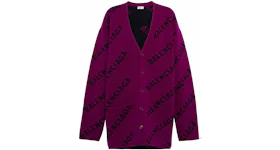 Balenciaga Logo Intarsia Wool Cardigan Purple