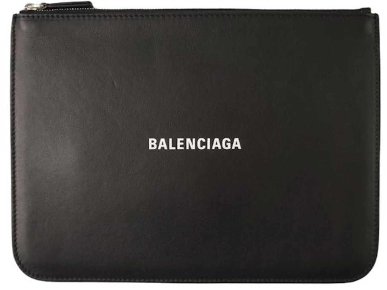 Balenciaga Logo Print Pouch Large Black in Leather with Silver-tone - US