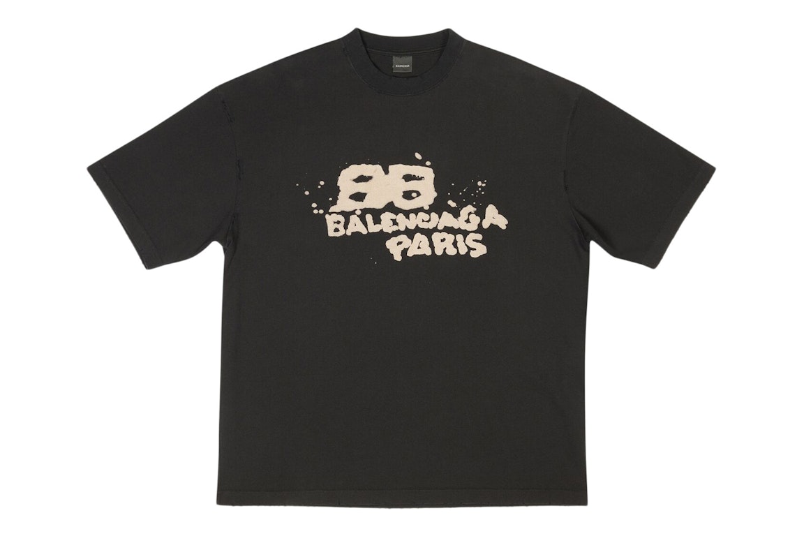 Pre-owned Balenciaga Men's Hand Drawn Bb Icon Medium Fit Vintage T-shirt Black/beige