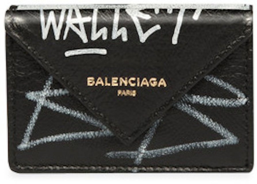 Balenciaga Papier Wallet Graffiti Mini Black/White in Leather with Silver-tone - US