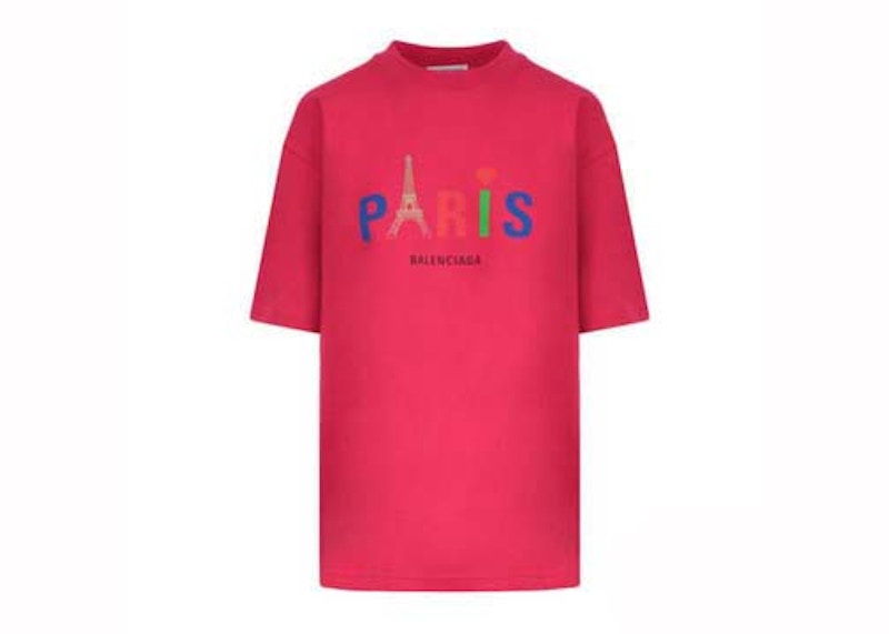 Pre-owned Balenciaga Women's  Paris Print Logo T-shirt In Pink/red In Multi
