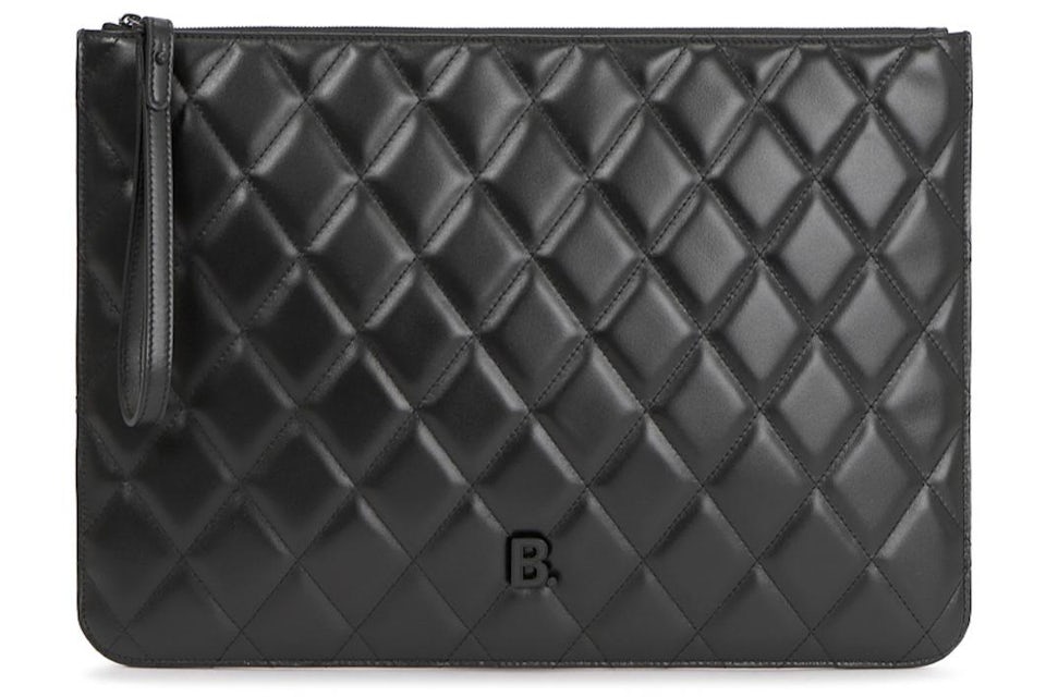 Balenciaga Quilted Clutch Bag Large Black in Leather with Silver