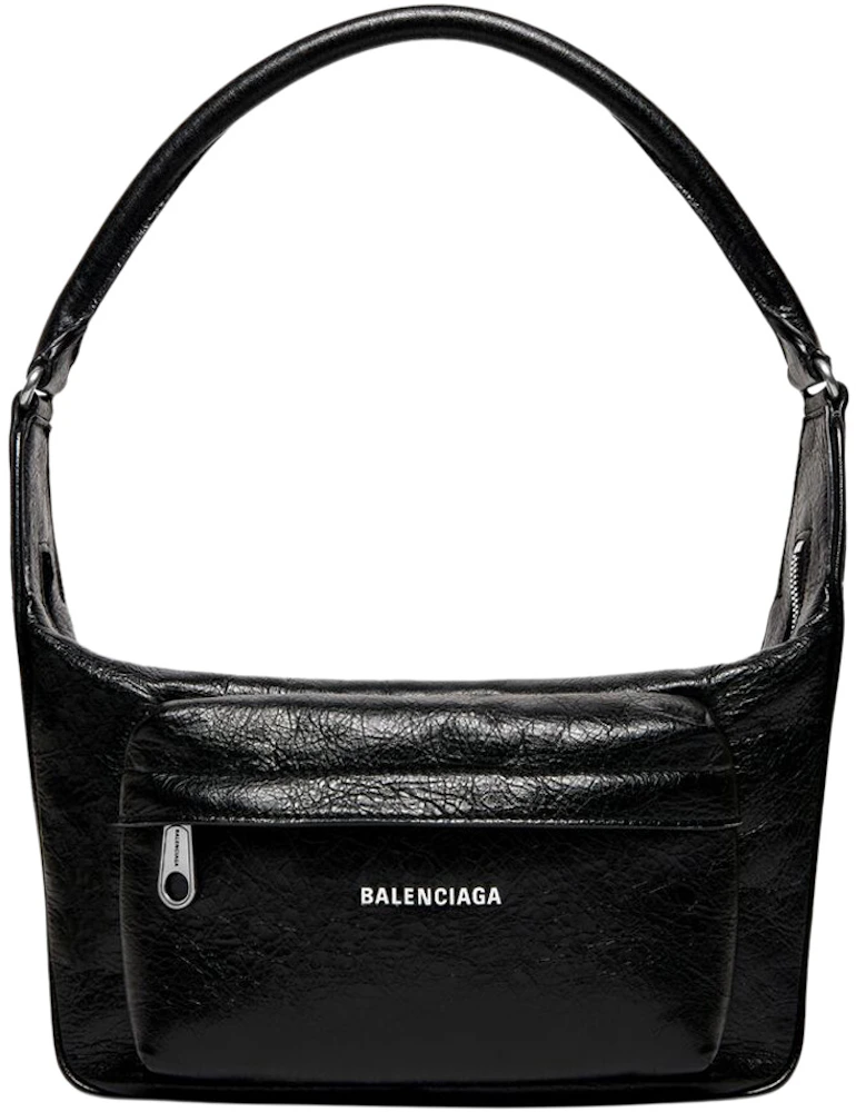 Prøve stå på række mammal Balenciaga Raver Medium Bag With Handle Black in Arena Lambskin Leather  with Aged Silver-tone - US