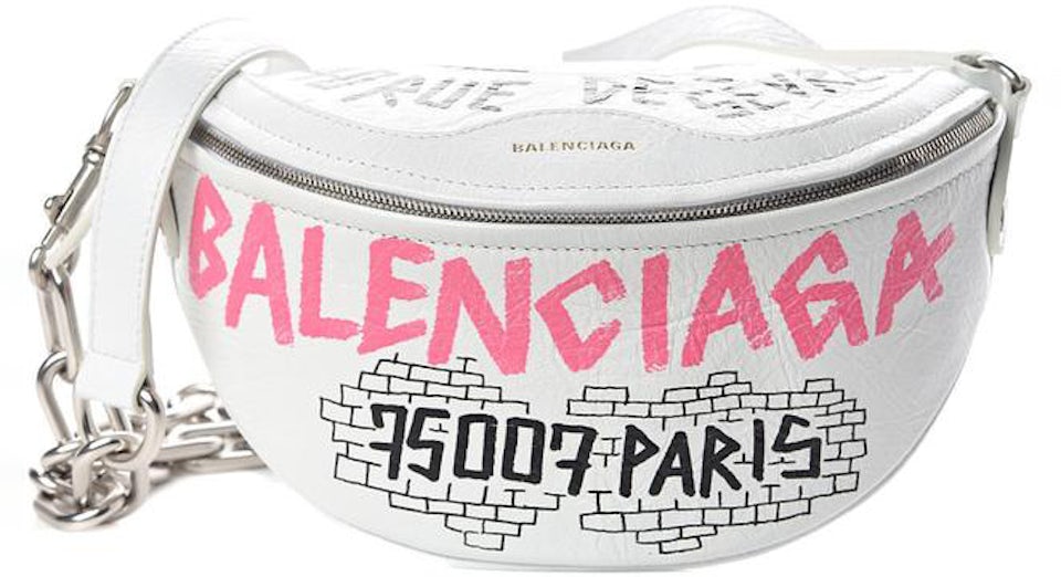 BALENCIAGA Agneau Souvenir XXS Paris Graffiti Belt Bag Black White 858325
