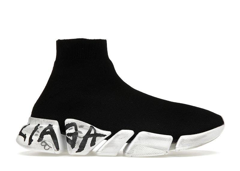 Pre-owned Balenciaga Speed 2.0 Graffiti Recycled Knit (women's) Sneakers In Black/white