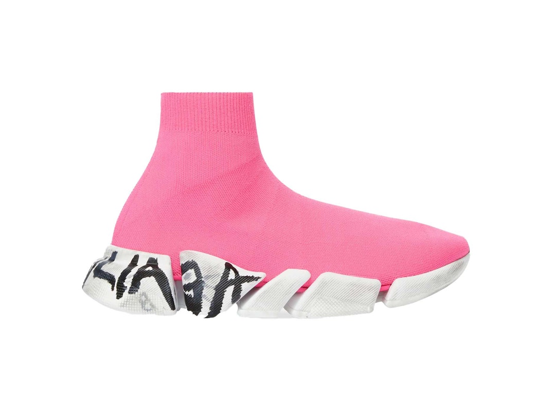 Pre-owned Balenciaga Speed 2.0 Graffiti Recycled Knit Fluo Pink (women's) In Pink/white/black