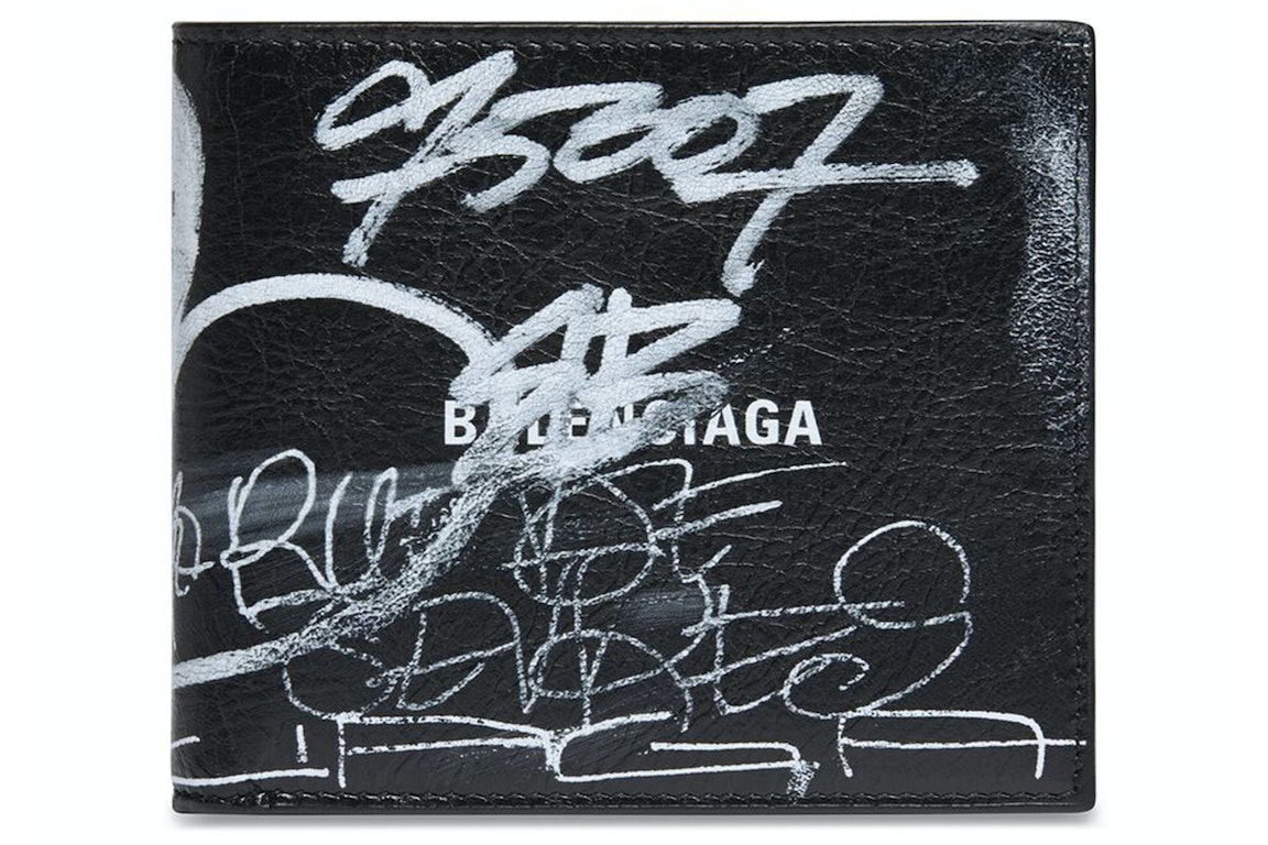 Pre-owned Balenciaga Square Folded Graffiti Wallet Black/white