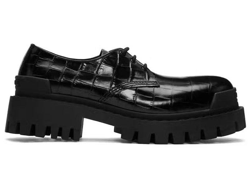 Balenciaga Strike Croc Embossed Leather Derby Black Men's