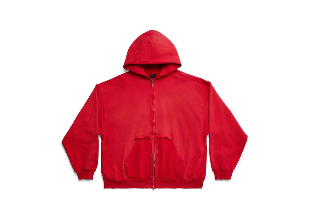 Pre-owned Balenciaga Tape Type Ripped Pocket Zip-up Large Fit Hoodie Red