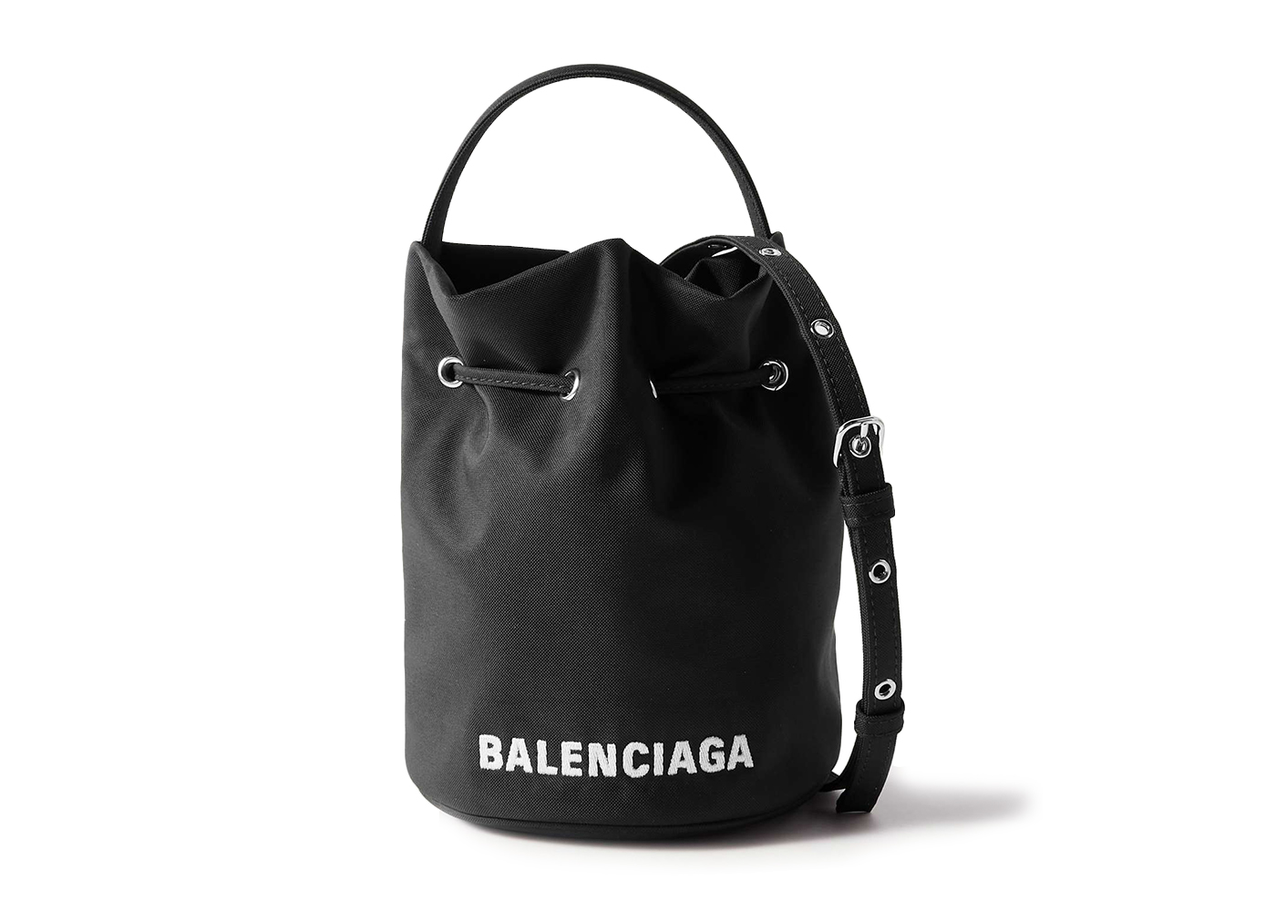 Balenciaga Wheel Shell Drawstring Bucket Bag XS Black/White in 