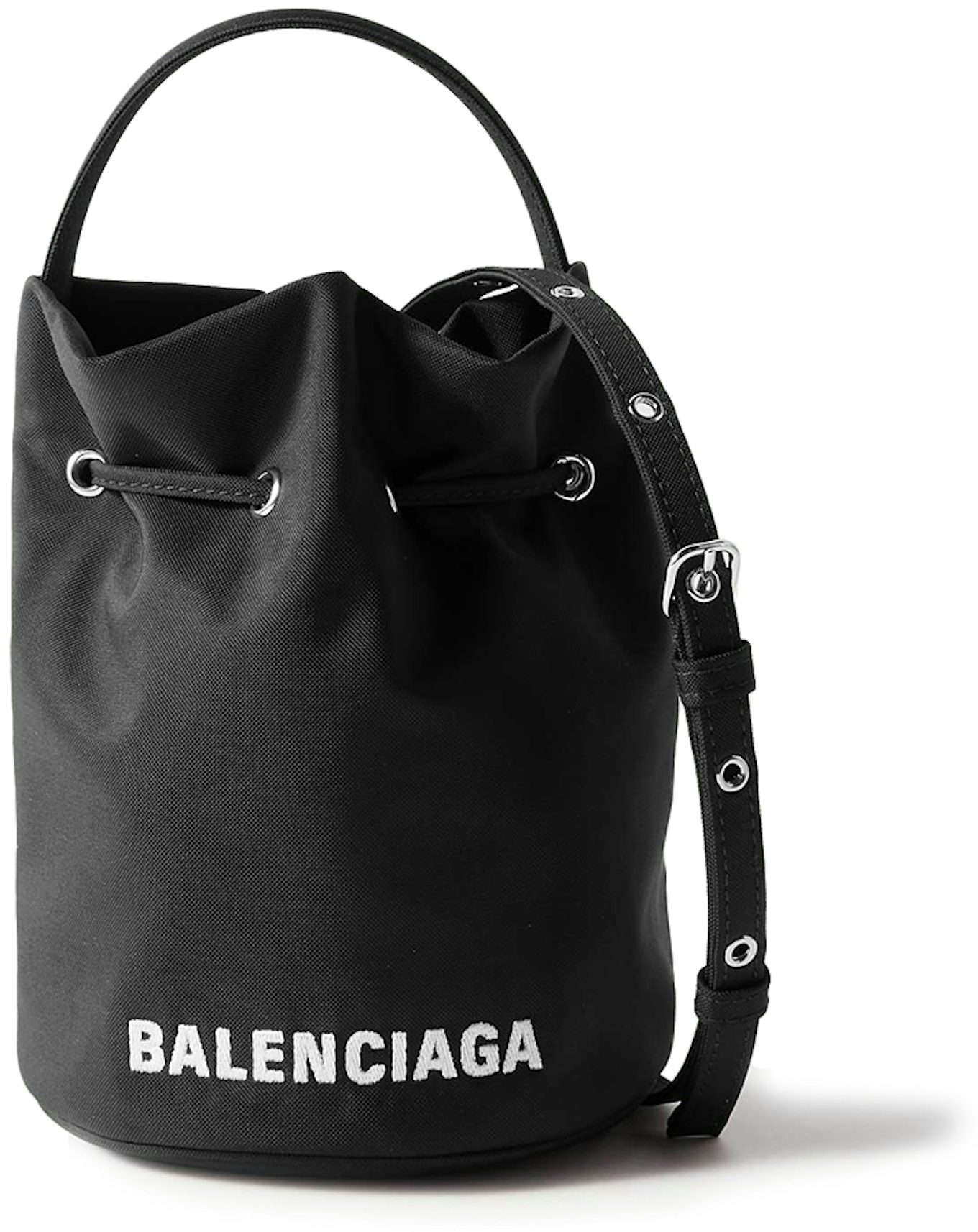 Balenciaga Wheel Shell Drawstring Bucket Bag XS Black/White