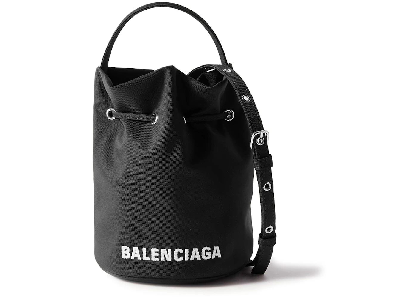 Balenciaga Wheel Shell Drawstring Bucket Bag XS Black/White in
