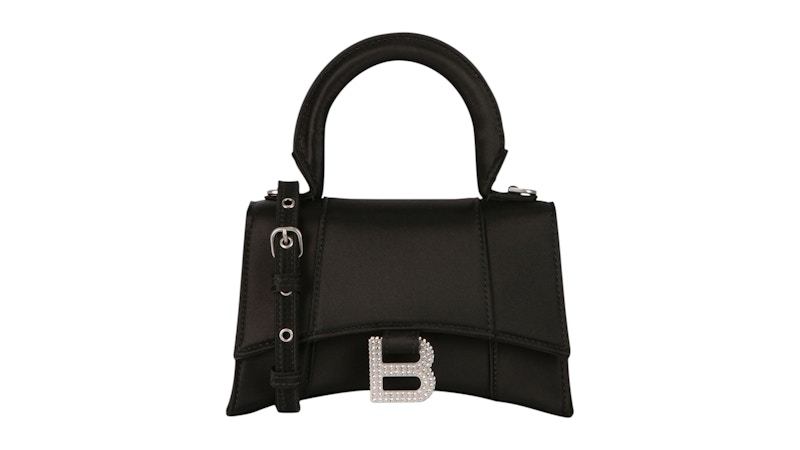 Women's Balenciaga XS Hourglass Top Handle Bag In Satin and Strass in Black