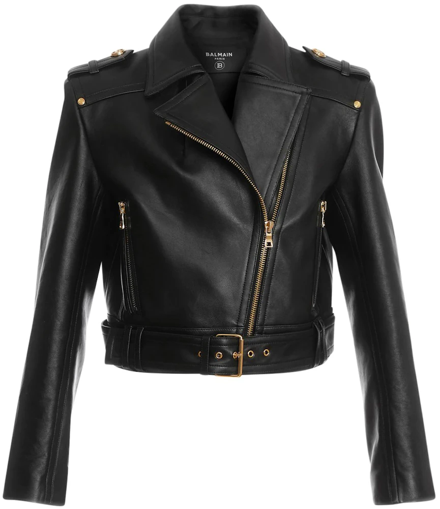 Black Quilted Leather Biker Jacket with Chain Trim Around