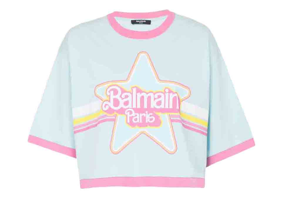 Balmain x Barbie - Blue Cotton Cropped T-shirt with Pink Balmain 
