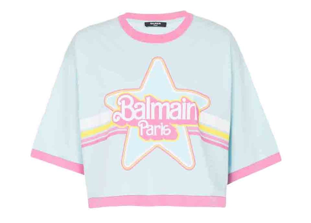 Pre-owned Balmain X Barbie - Blue Cotton Cropped T-shirt With Pink  Logo Print