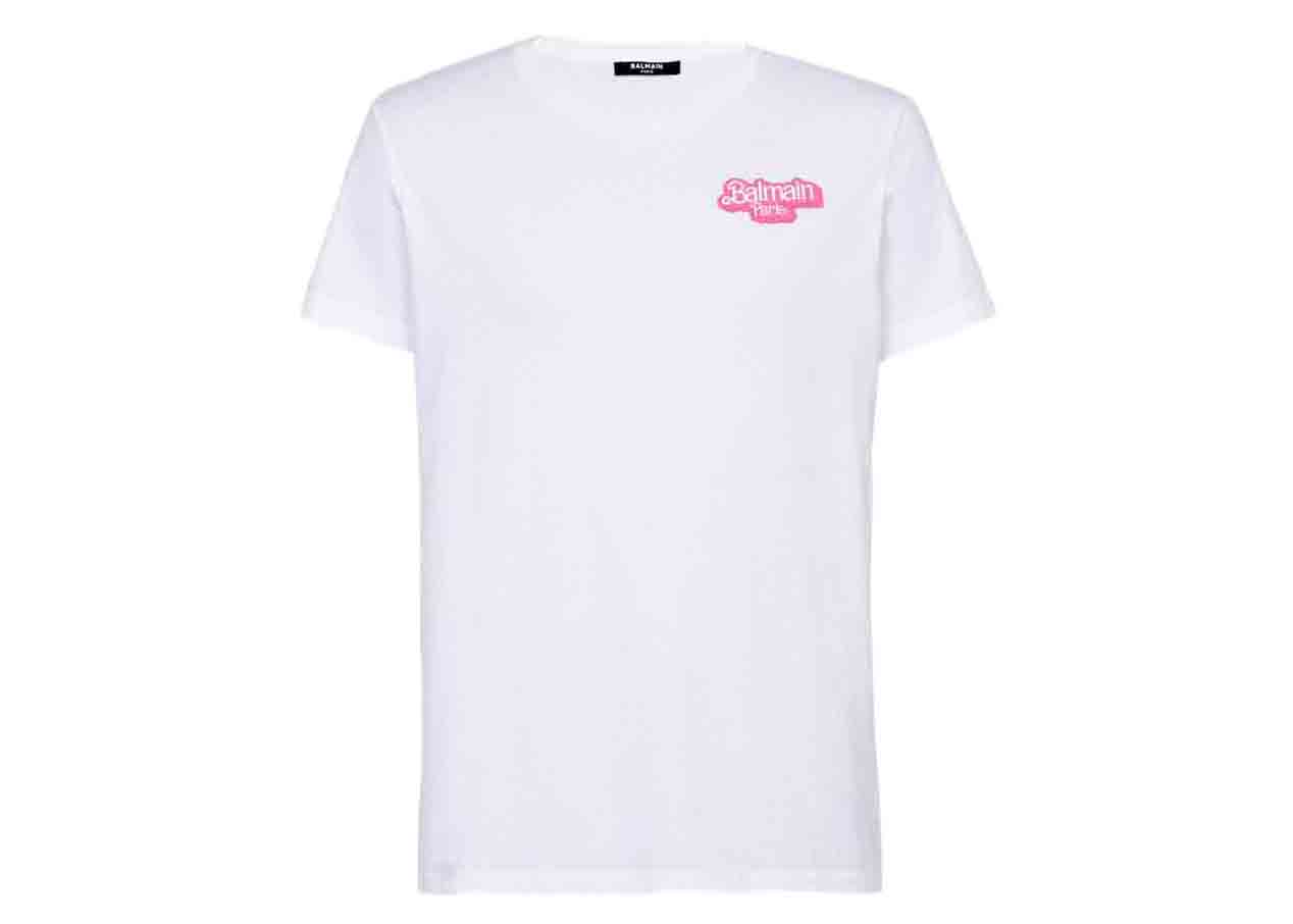 Balmain x Barbie - Cotton T-shirt White with Small Pink Balmain Paris Logo  Print