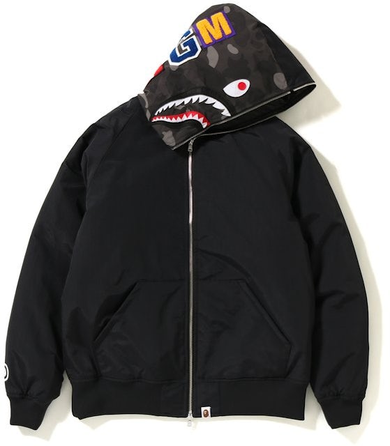 BAPE Navy Nylon Color Camo Shark Hoodie Down Jacket Size: 110